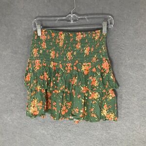 Aerie Mini Skirt‎ Sz XS Smocked Waist Green Orange Floral Tiered Ruffle Flowy